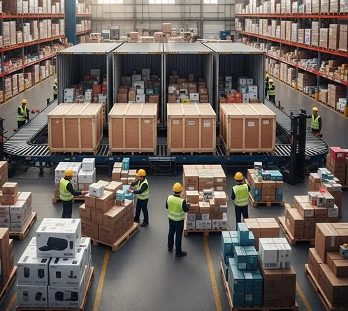 Operarios trabajando entre estanterías y pallets en un almacén