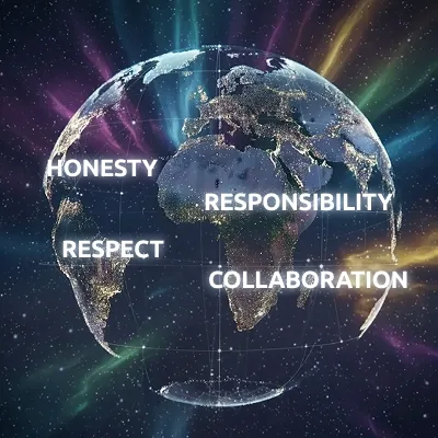 Night-side globe with the group's four values: honesty, respect, responsibility and collaboration