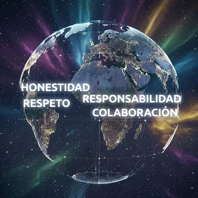 Globo terráqueo nocturno con los cuatro valores del grupo: honestidad, respeto, responsabilidad y colaboración